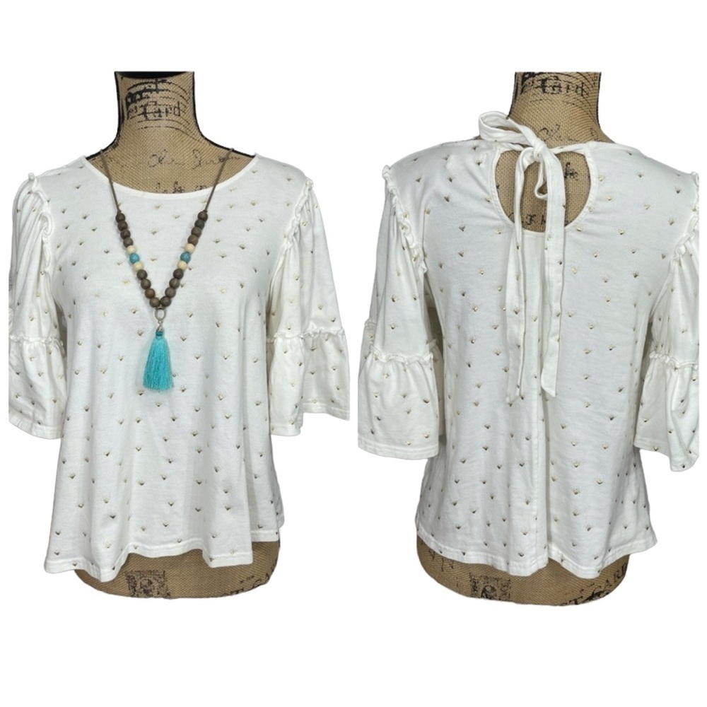 Altar’d State Sunburst Sparkle Tie Back Boho Top Size Small White and Gold - Picture 2 of 11